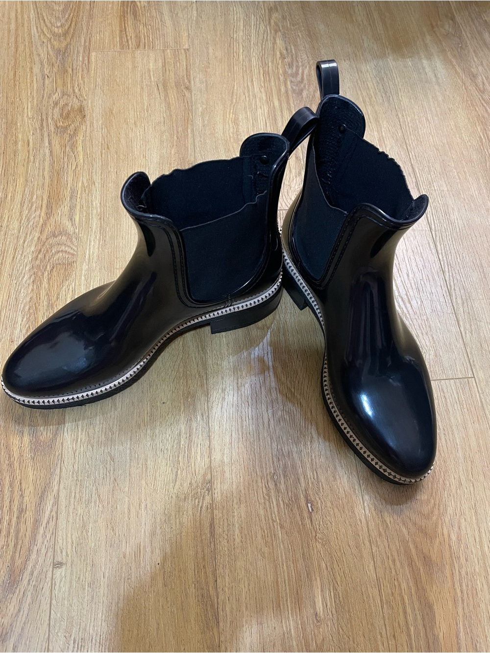 Black Patent Chelsea Ankle Booties with Stitch-Trim Detail